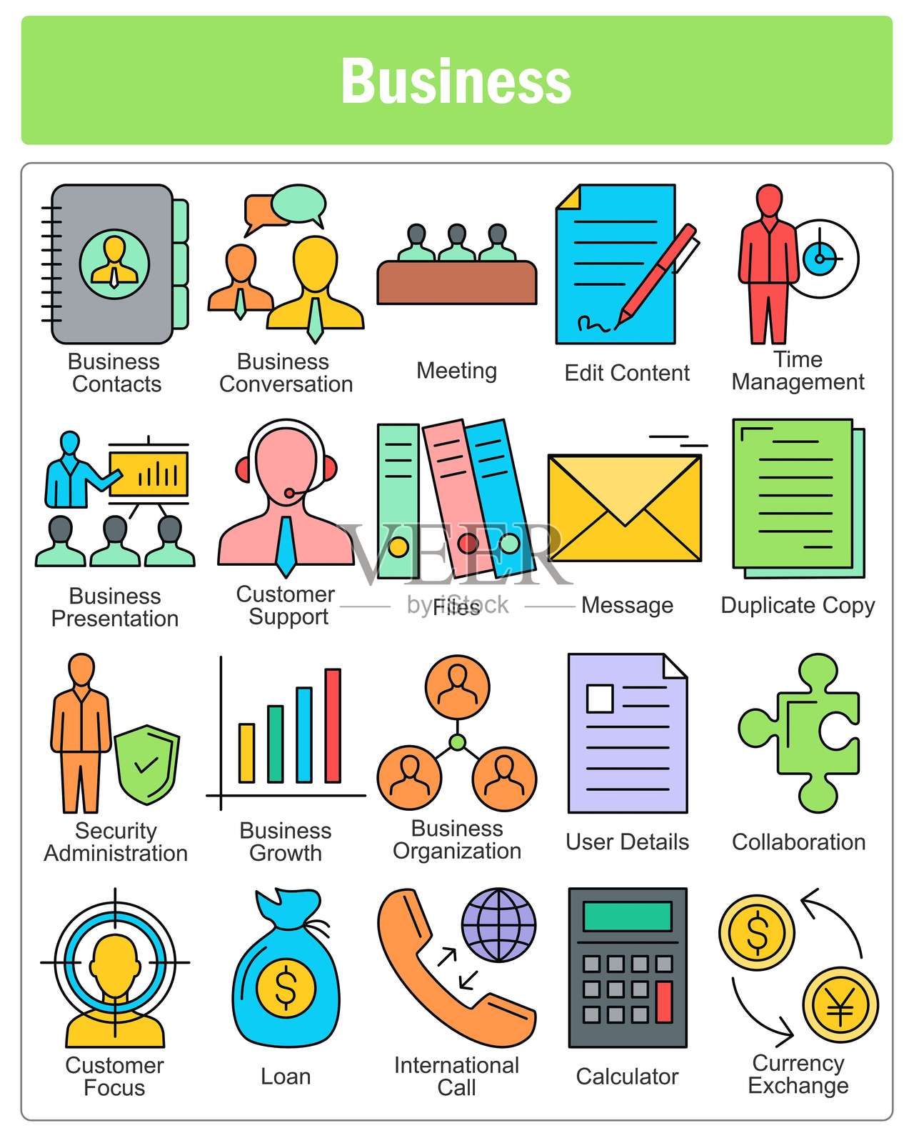 一组20个商业图标，包含商业联系人、商业对话和会议相关图标插画图片素材