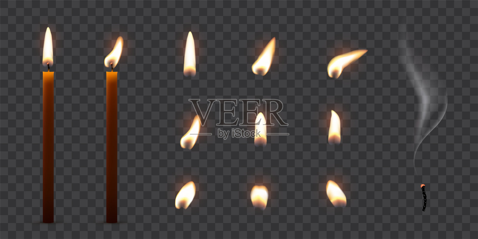 蜡烛火焰。蜡烛光火焰矢量插图集。烛台上蜡烛芯的真实火焰光芒，夜晚的小浪漫光晕，透明背景上的独立集合。插画图片素材