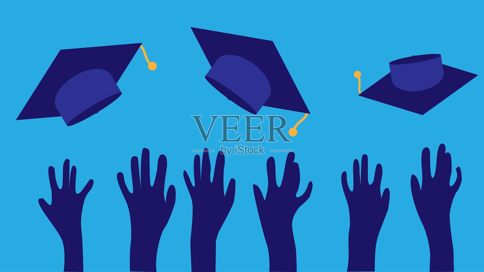 学生们在毕业典礼上抛帽子的剪影插画图片素材