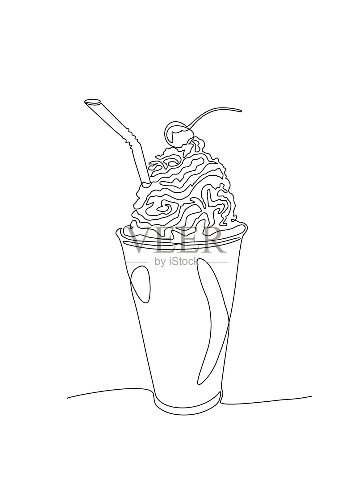 连续一线手绘卡通风格的奶昔饮料，顶部有奶油装饰插画图片素材