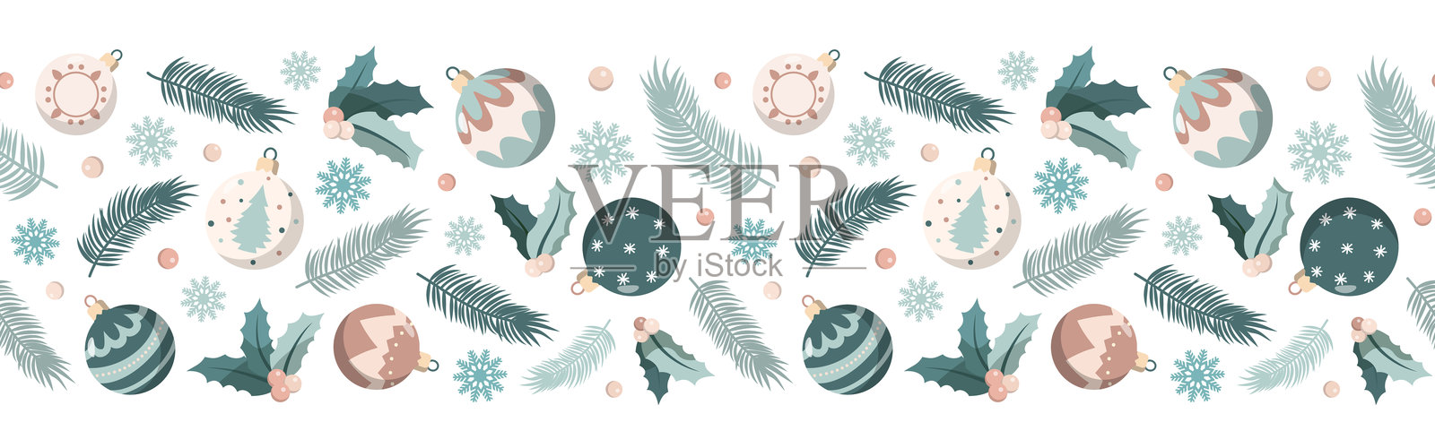 圣诞节假日的彩球和松枝横向边框图案。适用于圣诞节和新年插图。插画图片素材