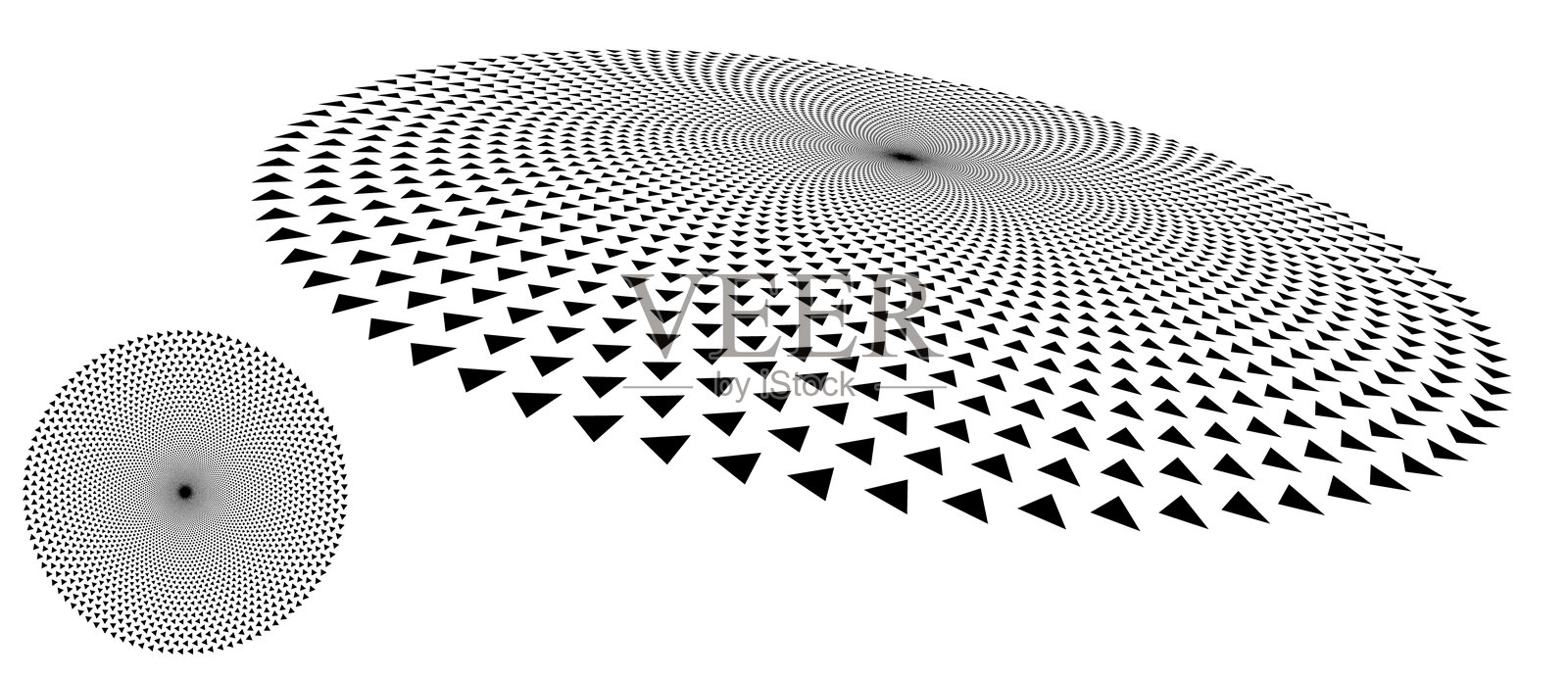 圆形背景中的三角形，作为图标或标志。抽象的点状矢量背景。半色调效果。具有透视感的圆形。插画图片素材