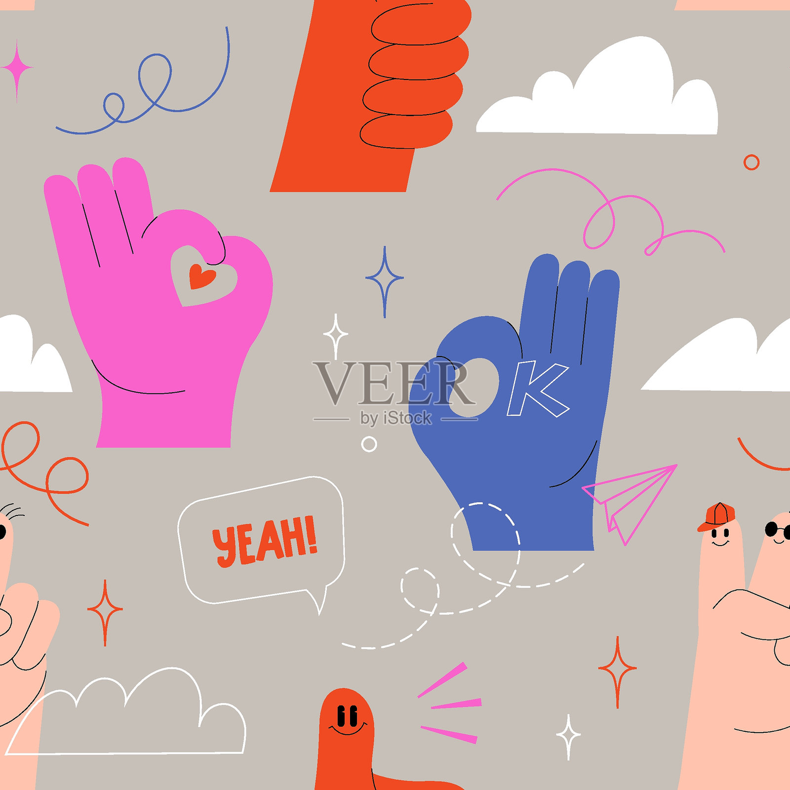 无缝图案，包含有趣的手势、对话气泡和生动的元素。现代设计，包含竖起大拇指、OK手势和有趣的涂鸦。卡通矢量图形。插画图片素材