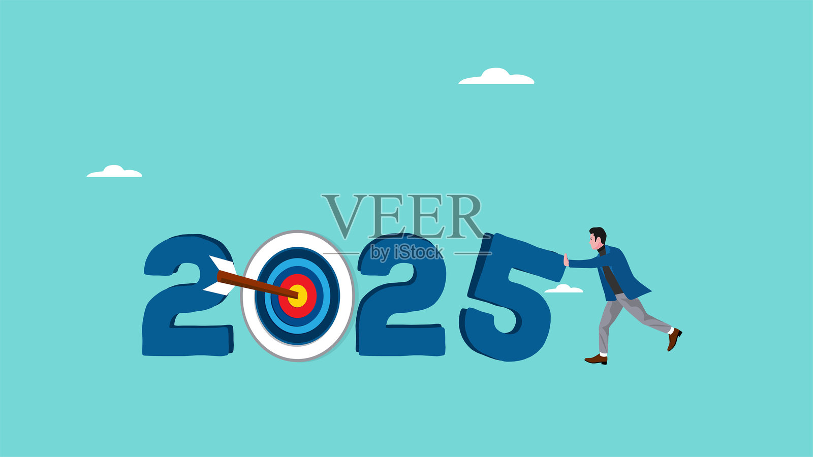 2025年目标，新的战略以实现2025年的商业目标，商人用数字五来书写2025。插画图片素材