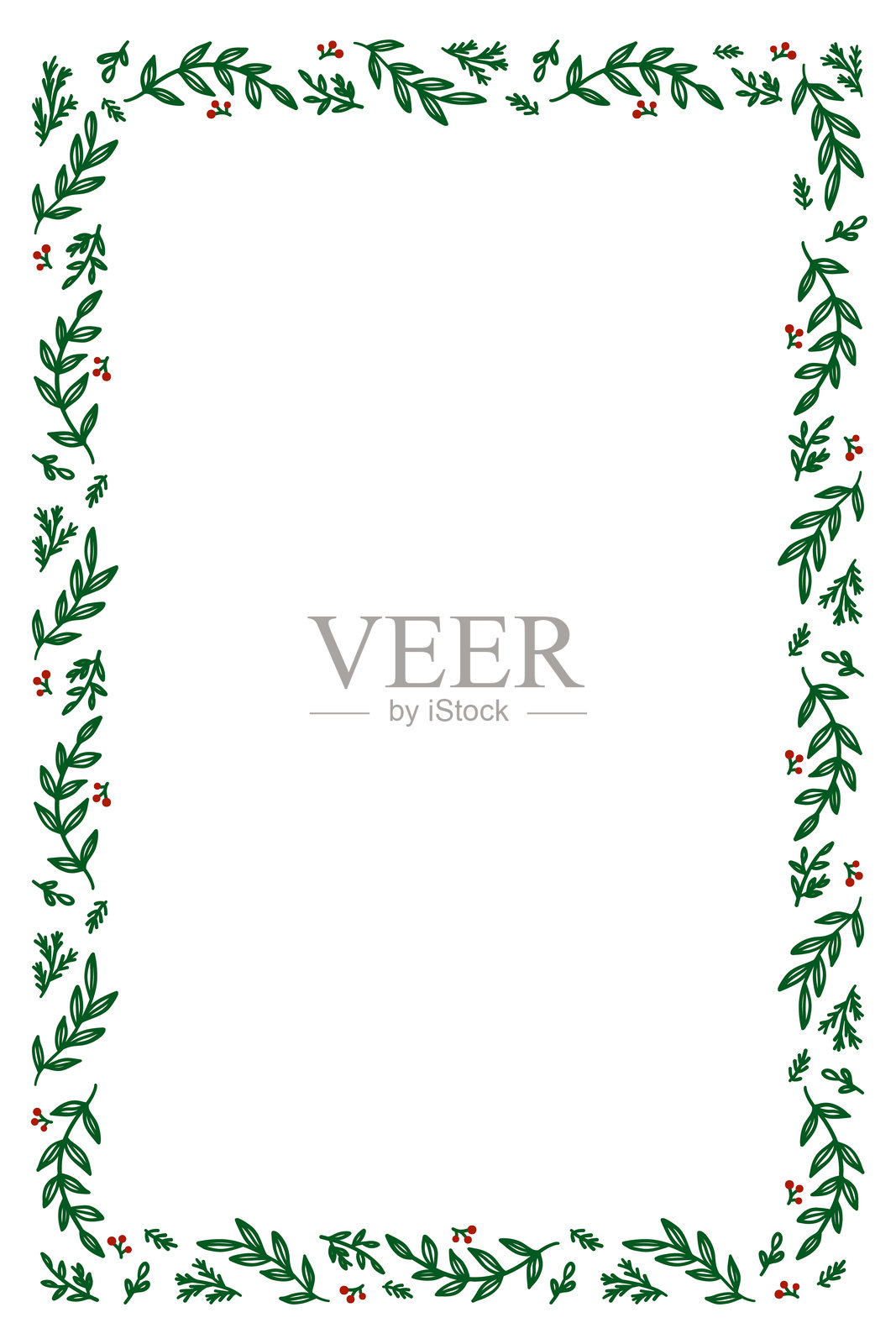带有绿色叶子和红色浆果的装饰框，矢量插图插画图片素材