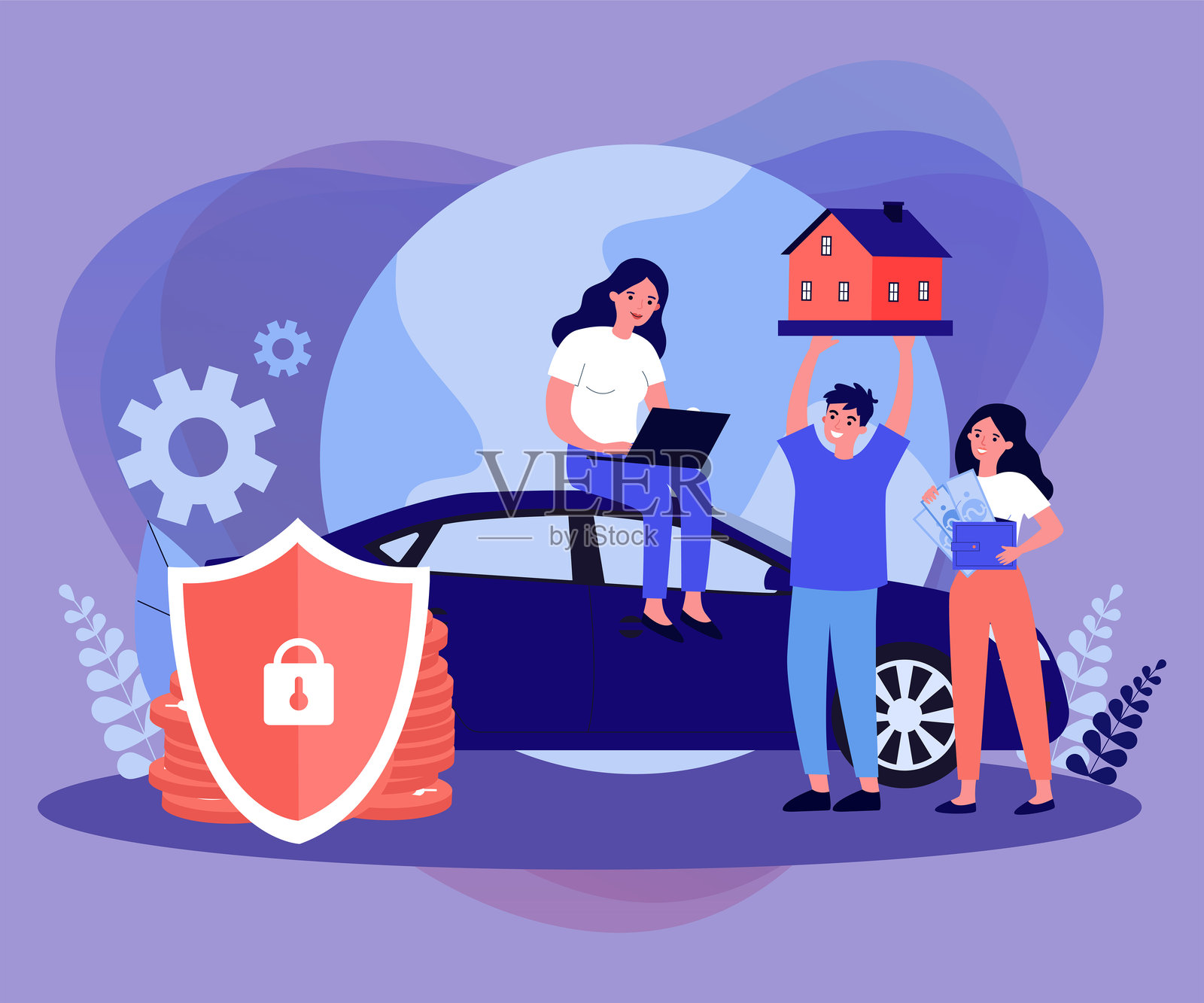 女性在笔记本电脑上阅读保险政策的矢量插图插画图片素材