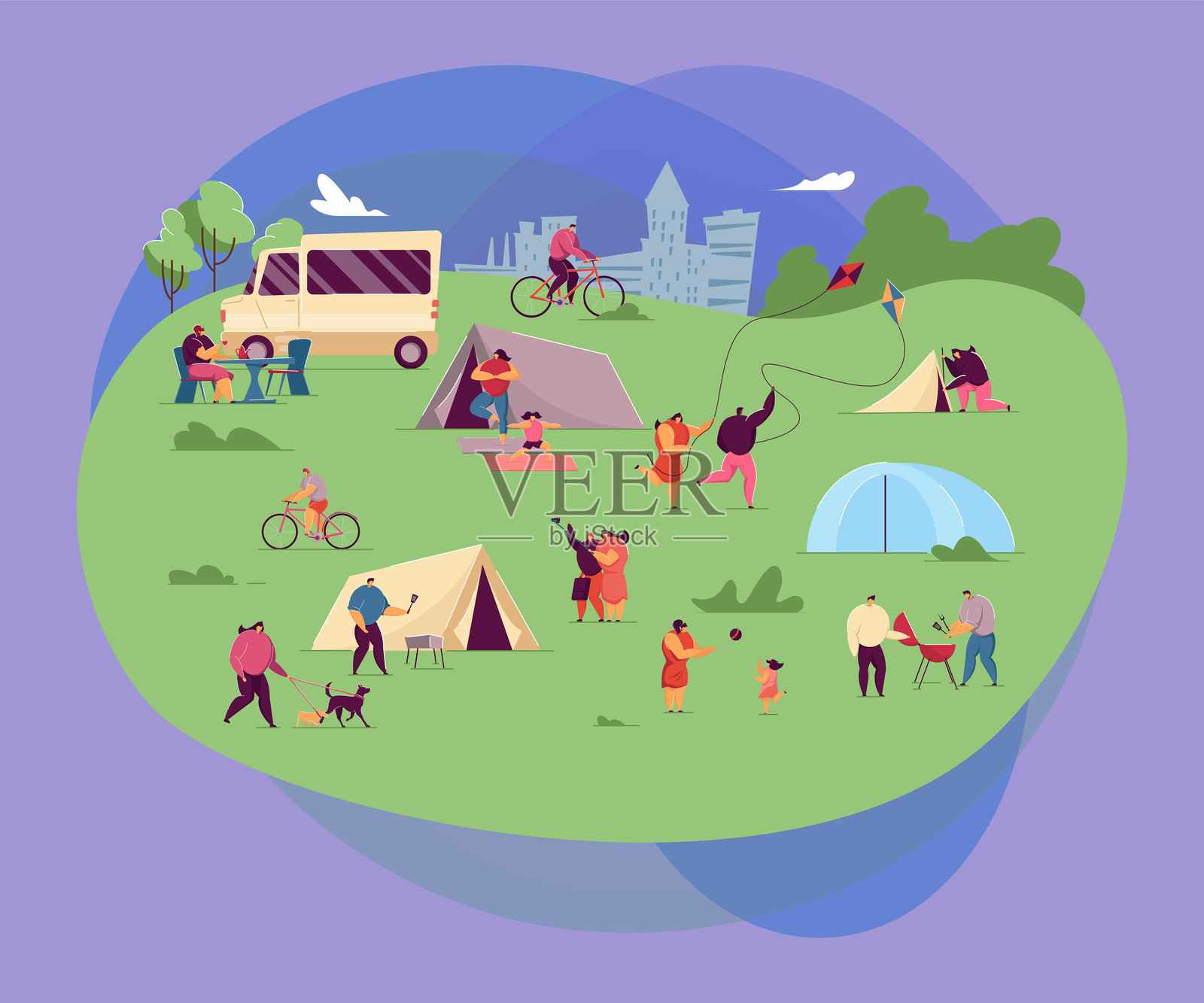 人们在户外享受露营休息时光插画图片素材