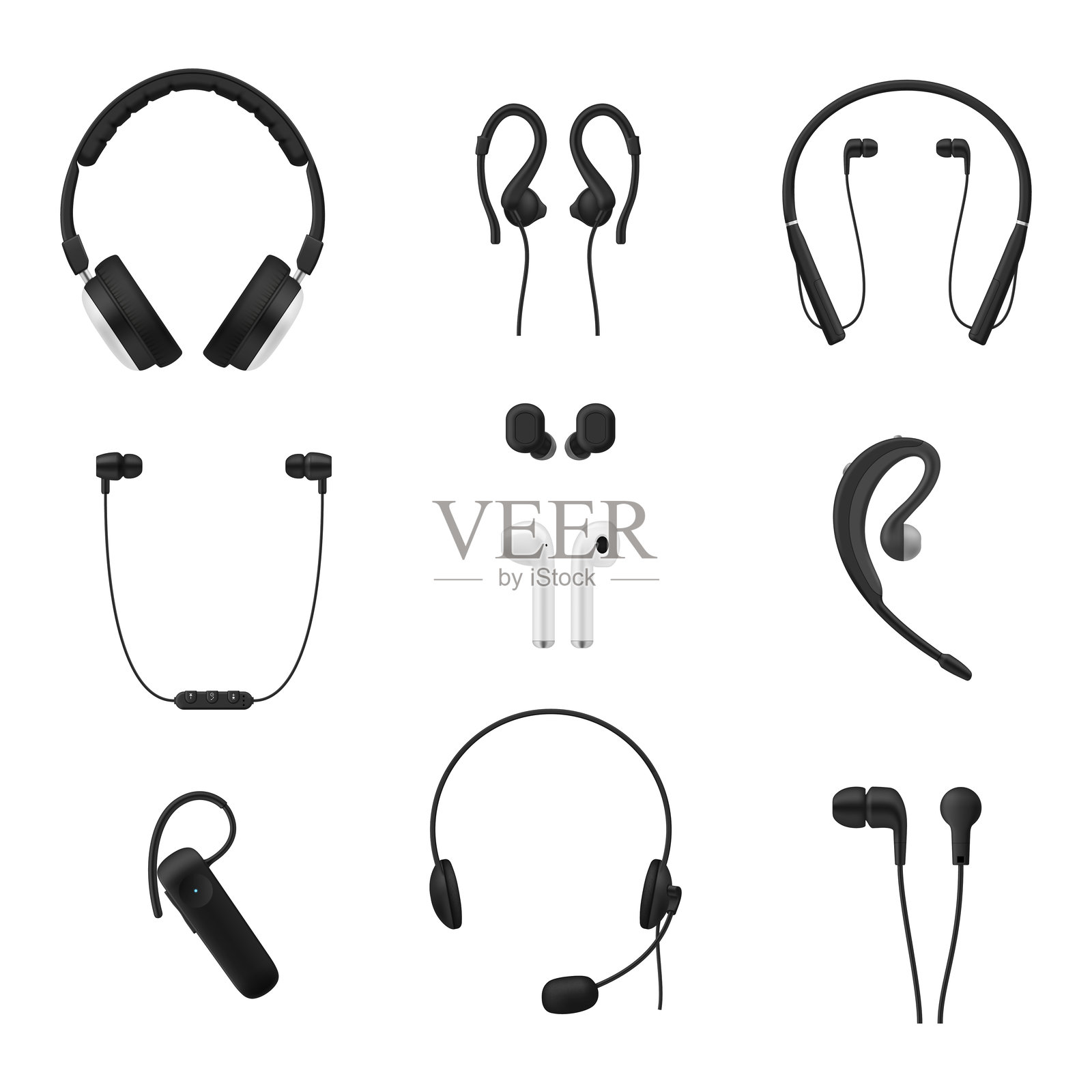 耳机、耳塞音频设备组合的真实矢量插图插画图片素材