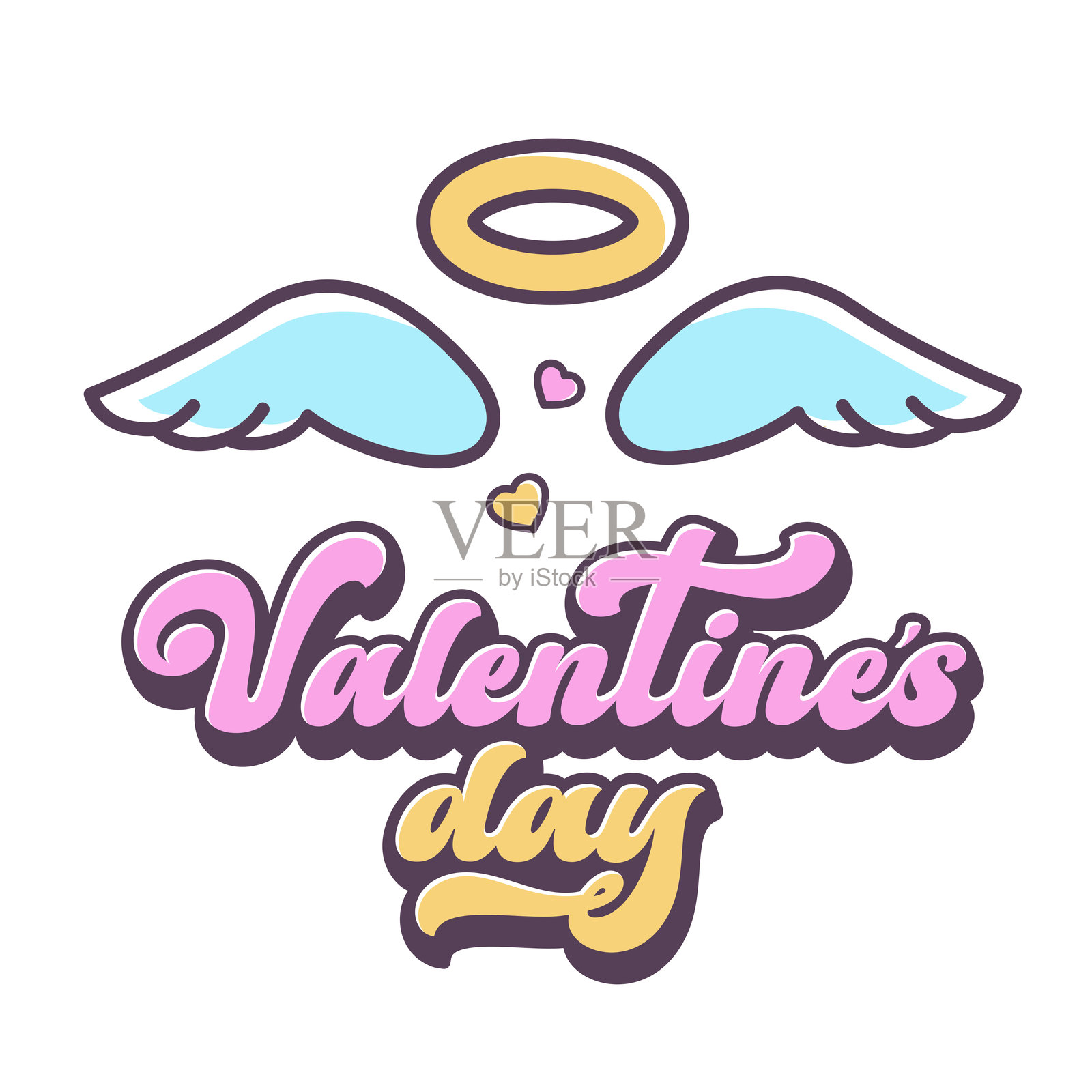 情人节快乐的字母。复古风格的手绘轮廓模板。情人节文字，可爱的心形，丘比特，天使翅膀。情人节排版。矢量卡通插图。插画图片素材