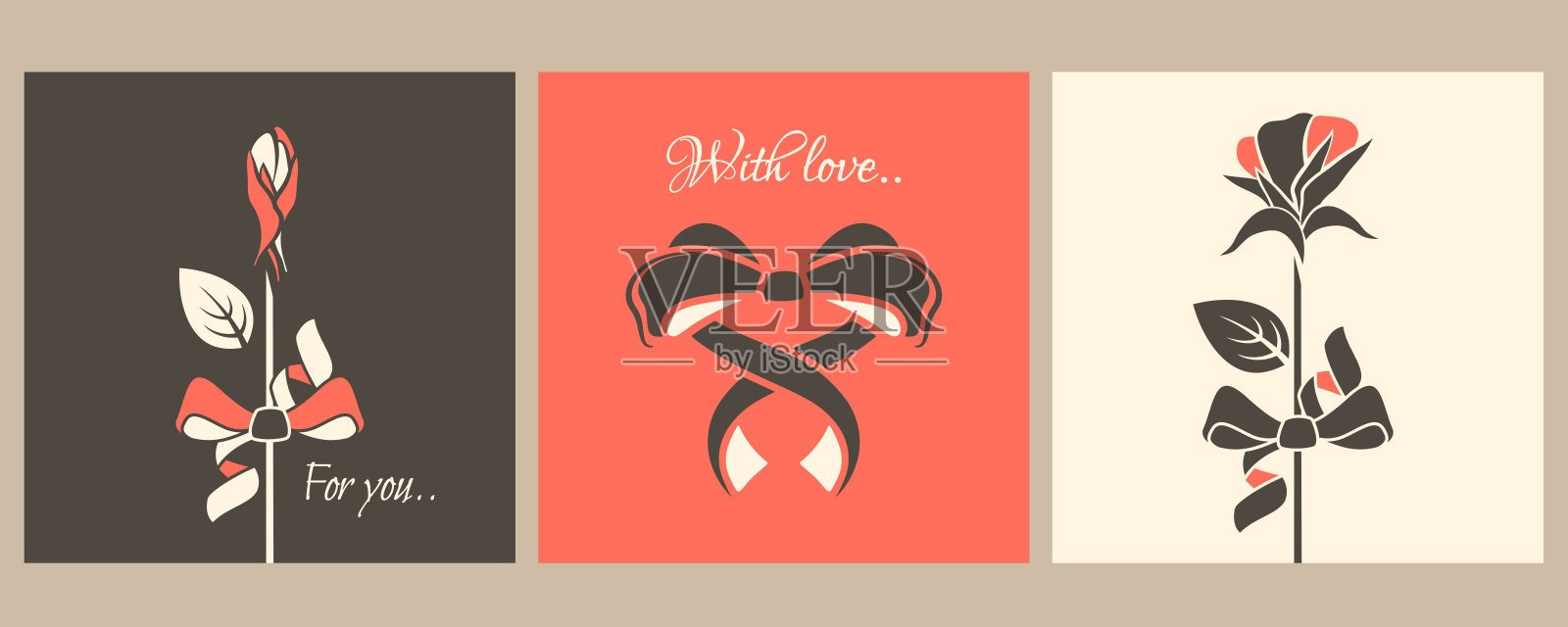 情人节贺卡上的情人节元素。2月14日假期的复古海报系列。情人节花卉、玫瑰花蕾、心形蝴蝶结、爱情文字。浪漫设计。矢量平面插图。插画图片素材