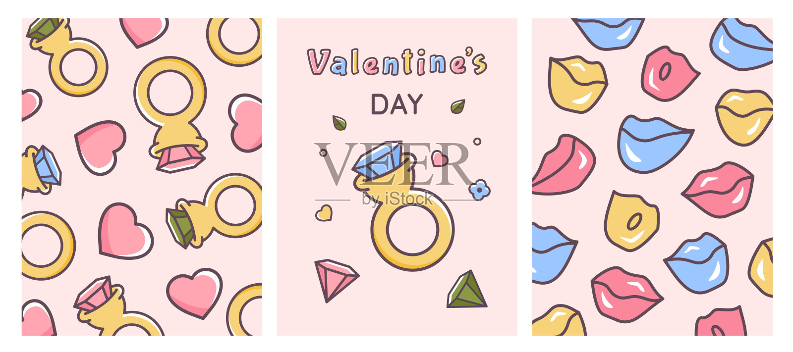 情人节卡片、明信片或传单模板。亲吻的嘴唇图案、婚戒、情人节排版。手绘涂鸦插图，适用于情人节派对和节日设计模板。矢量图。插画图片素材