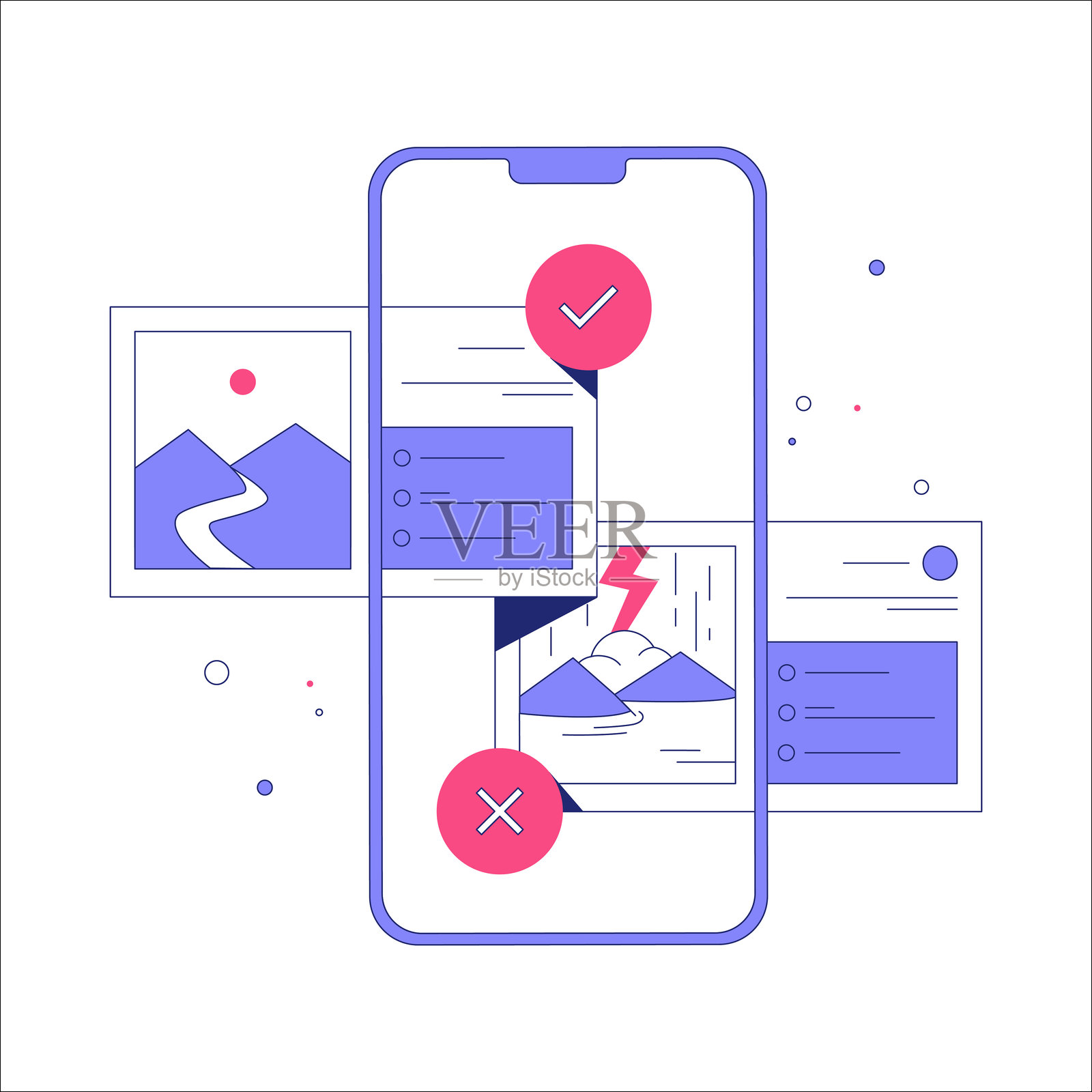 移动应用屏幕显示图像审批，象征内容审核和数字决策，扁平化矢量插图，背景为白色。插画图片素材