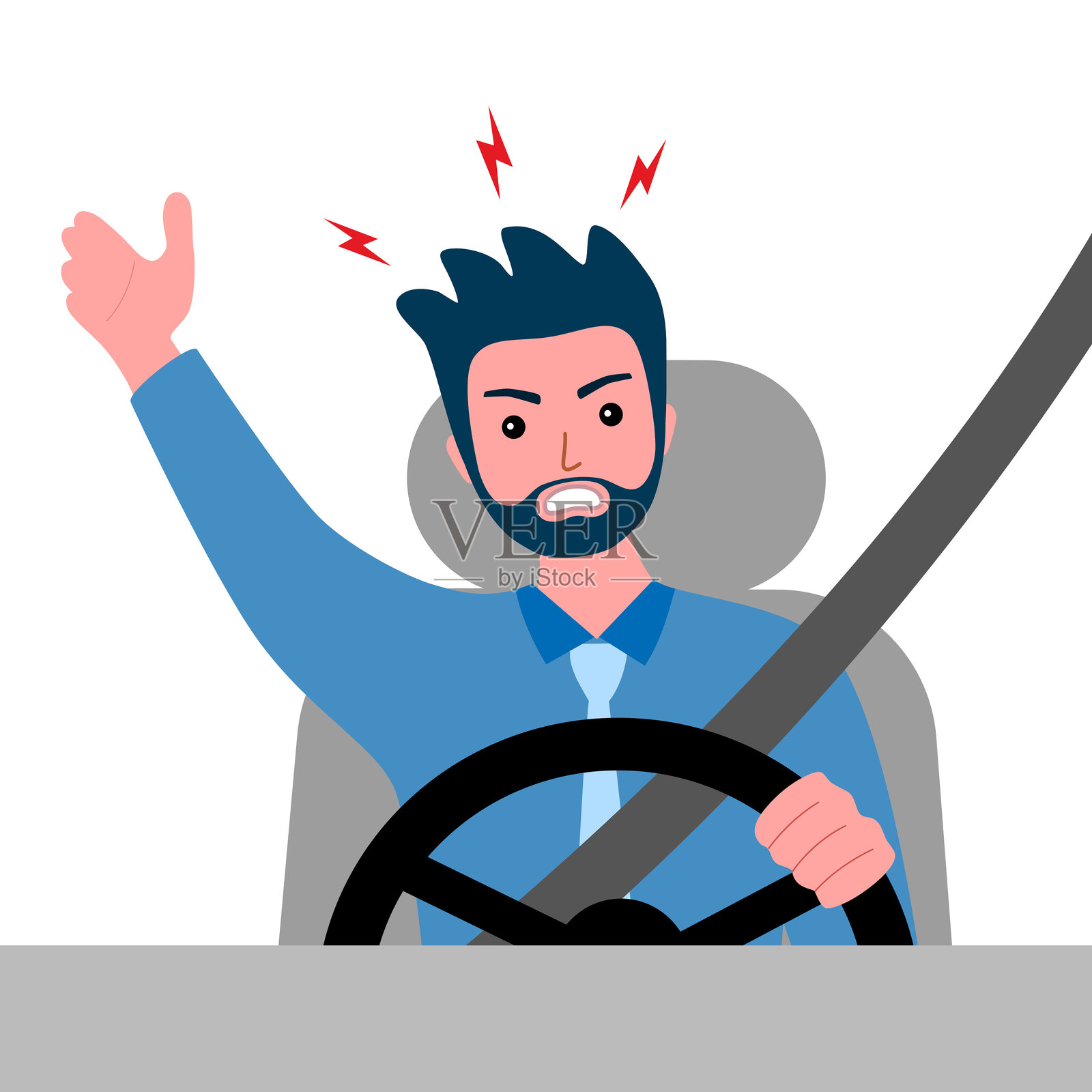 愤怒的司机扁平设计在白色背景上。路怒症概念矢量插图。插画图片素材