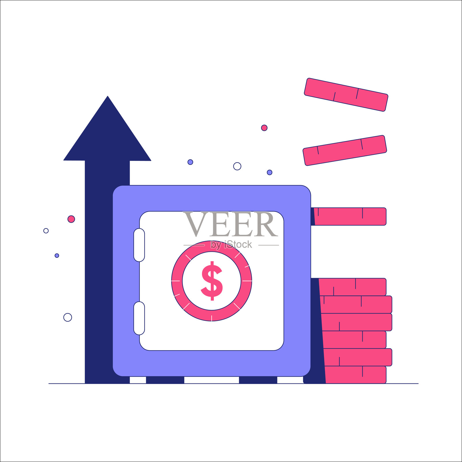 安全的货币、硬币和箭头的扁平矢量插图，象征着银行、投资增长和储蓄，背景为白色。插画图片素材