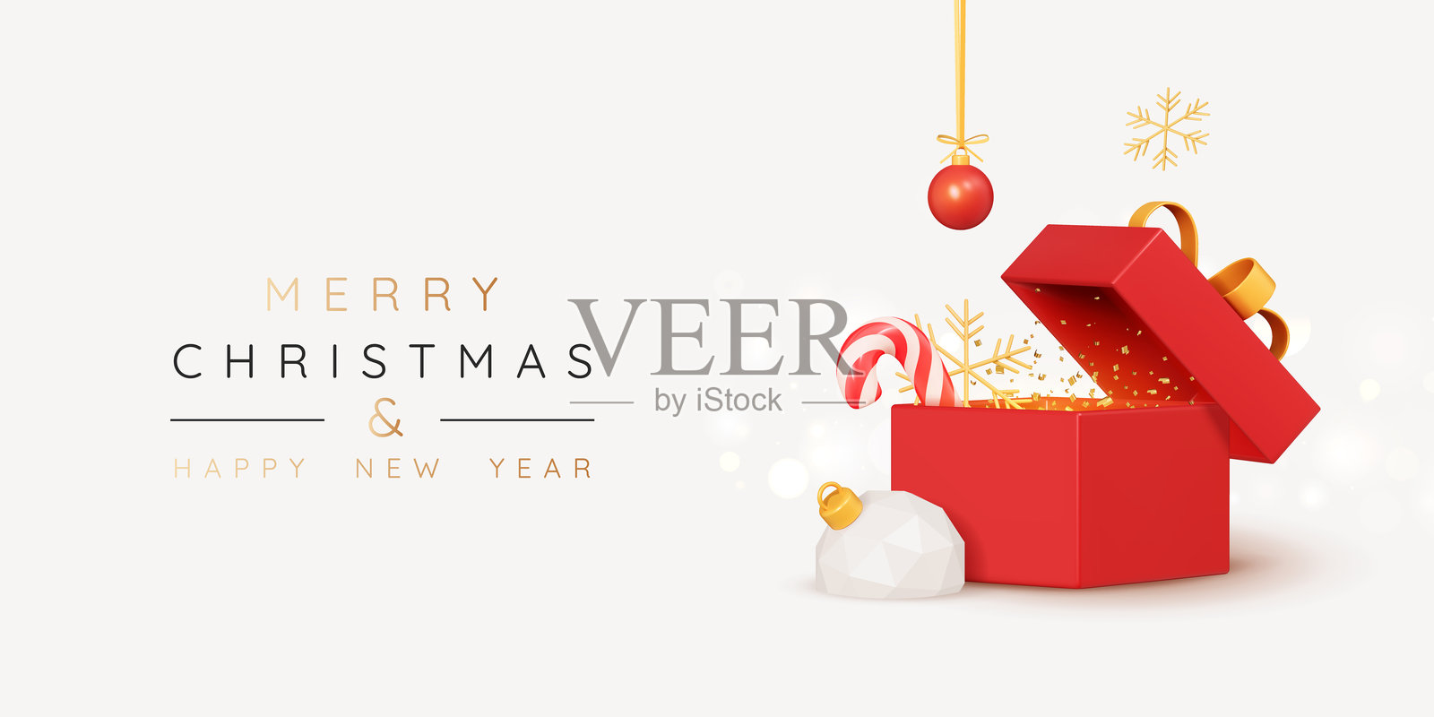 圣诞快乐和新年快乐的背景，带有打开的红色礼品盒和庆祝装饰品插画图片素材