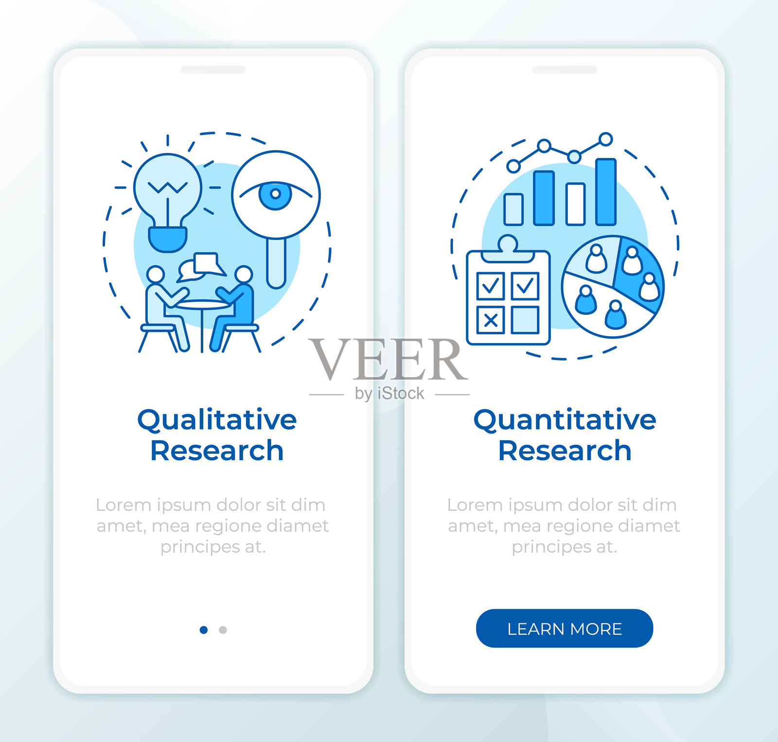 不同研究类型的蓝色入职移动应用界面插画图片素材