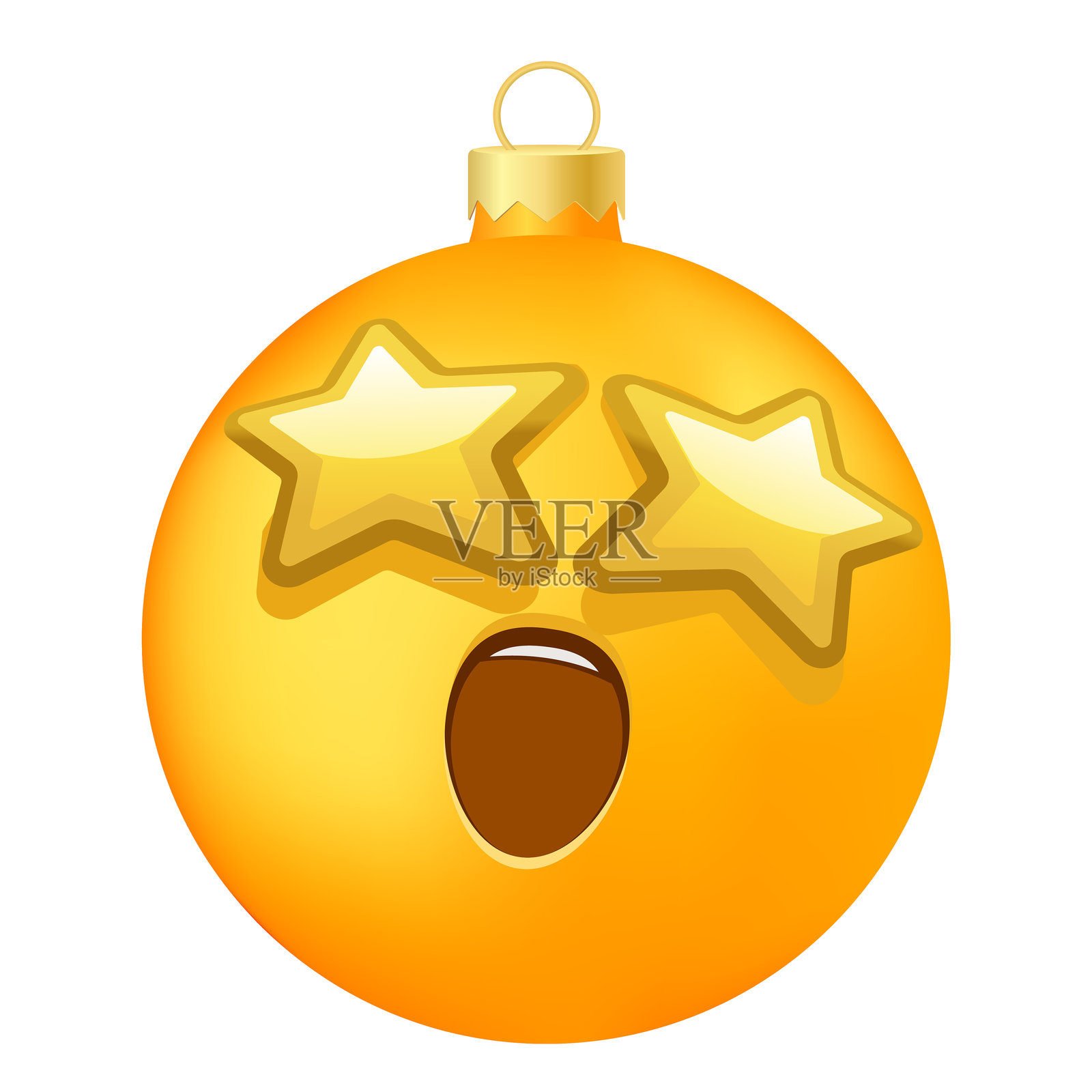 带有星星眼睛微笑脸的圣诞树球或玩具表情符号插画图片素材