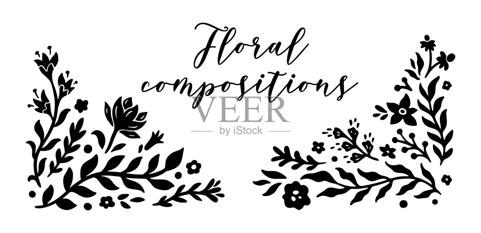 复古卷曲风格的手绘花卉角框套装。美丽的花卉细工墙面装饰。矢量自然插图，背景为白色。木刻花卉装饰。插画图片素材