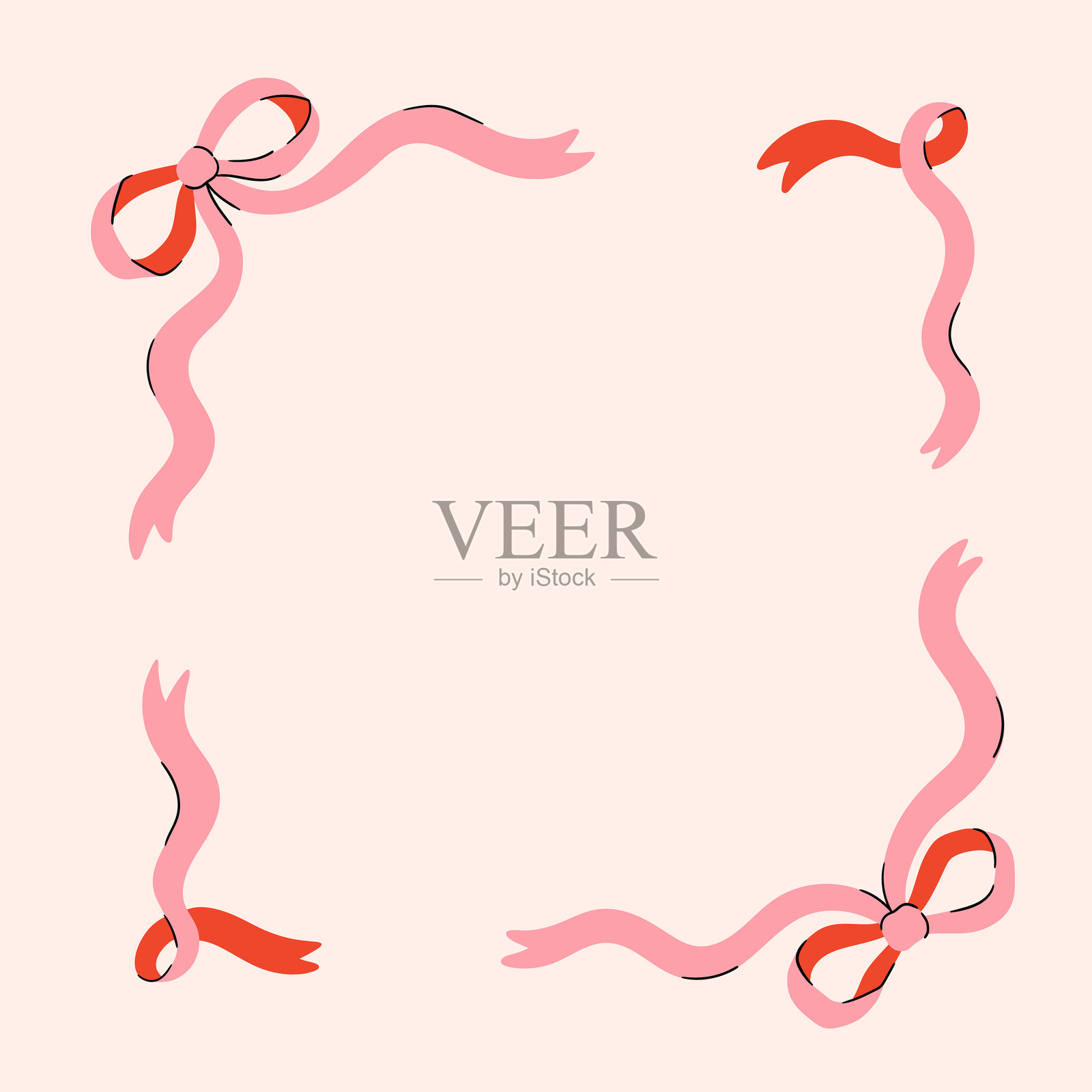 可爱迷人的粉色蝴蝶结和丝带边框。手绘时尚丝带边框。复古蝴蝶结框架，适用于贺卡、婚礼和邀请函。插画图片素材