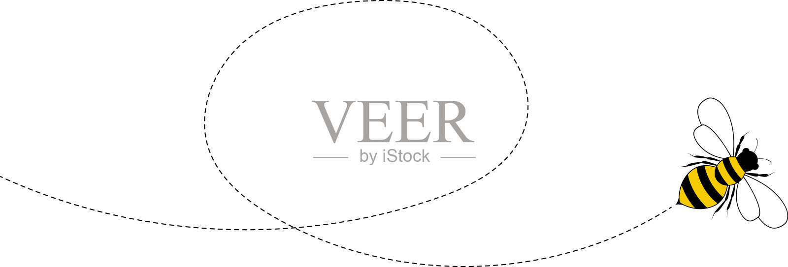 飞行蜜蜂路线。卡通蜜蜂图标。蜜蜂在白色背景上沿着虚线飞行。矢量插图。插画图片素材