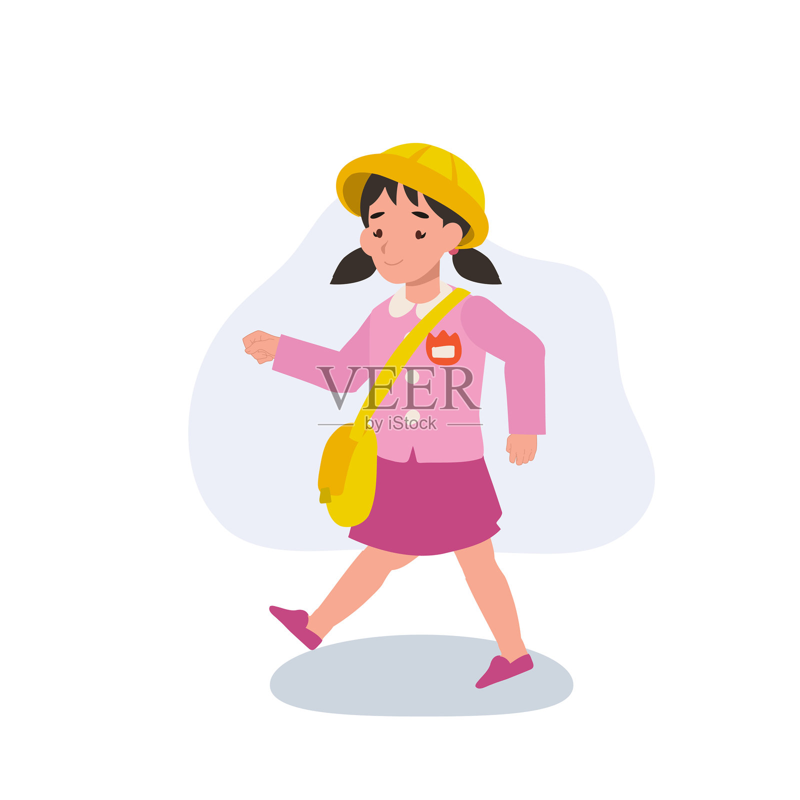 穿着制服的学前儿童快乐地走着，活泼的幼儿女孩在玩耍。插画图片素材