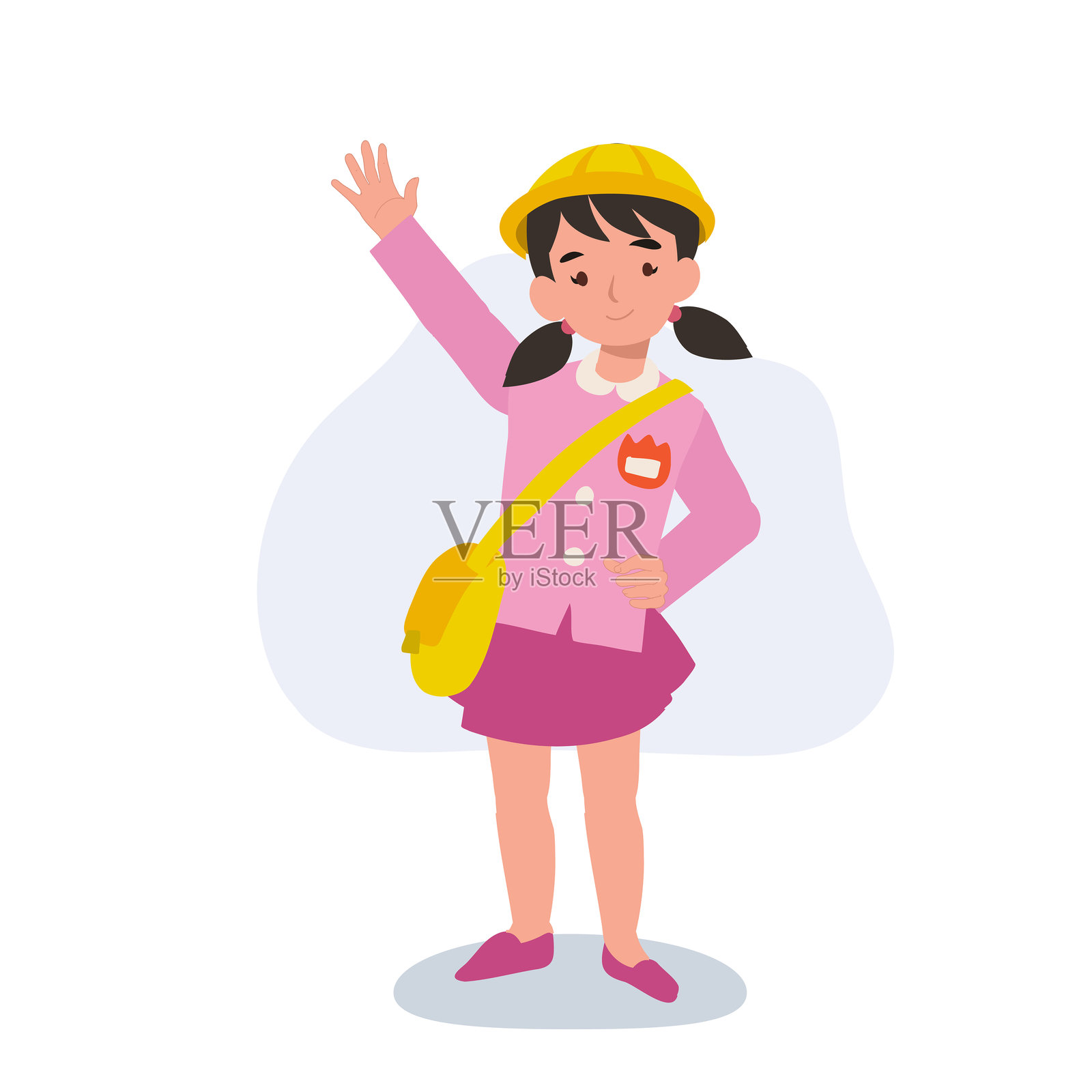 穿着传统日本制服的快乐幼儿园女孩做出告别手势插画图片素材