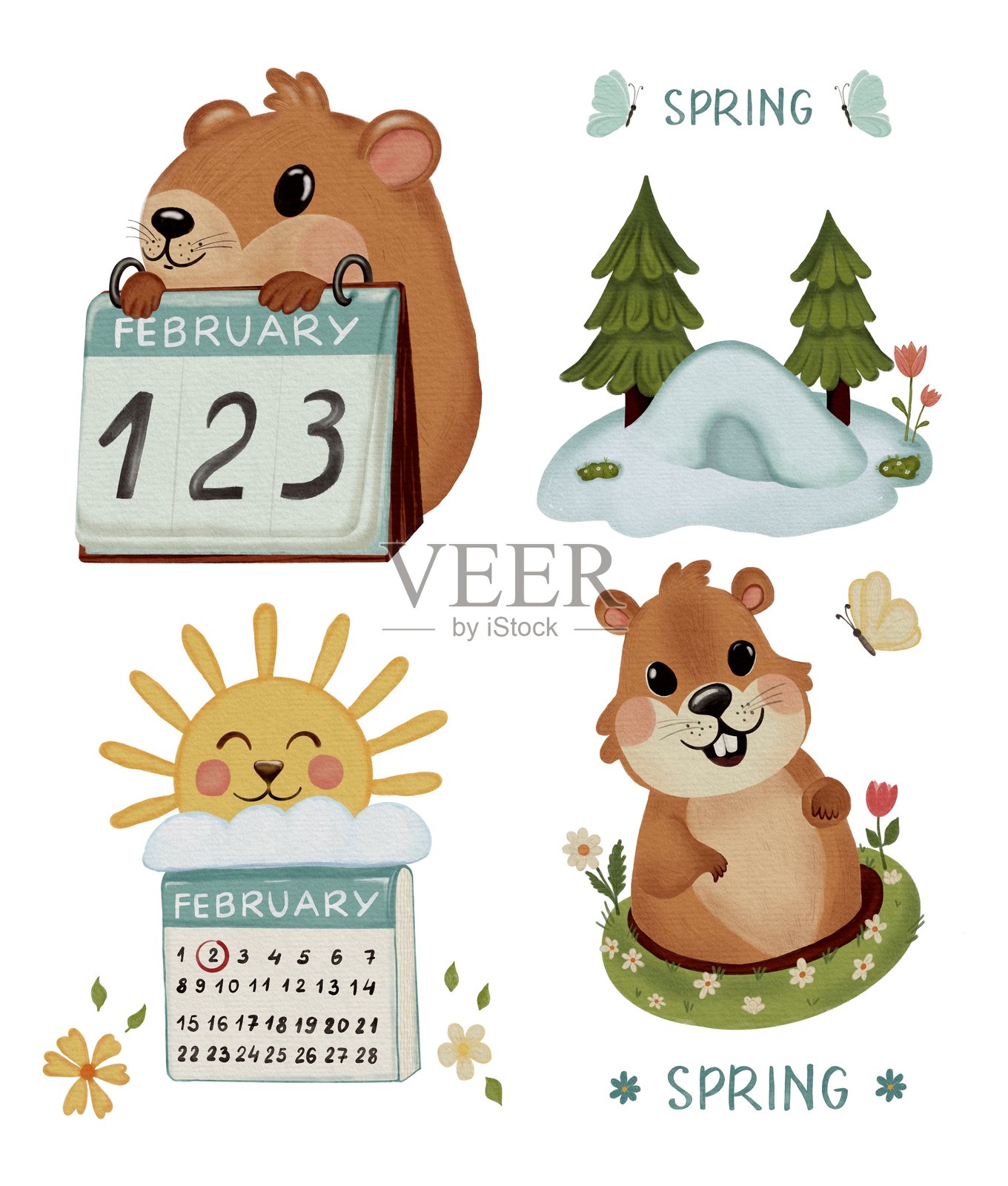 土拨鼠日元素集合。插画图片素材