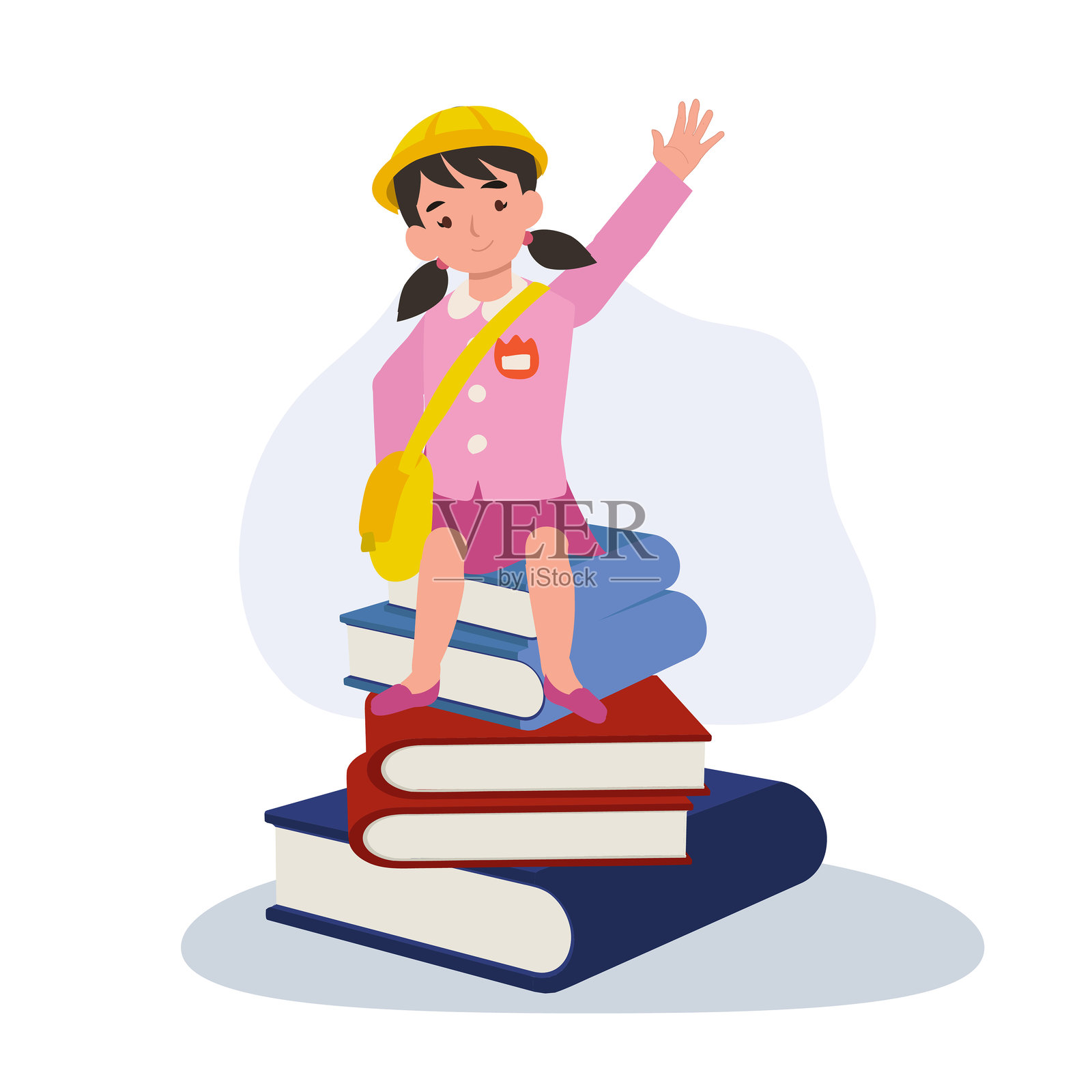 快乐的幼儿园女孩坐在一大堆书上，面带灿烂的笑容。插画图片素材