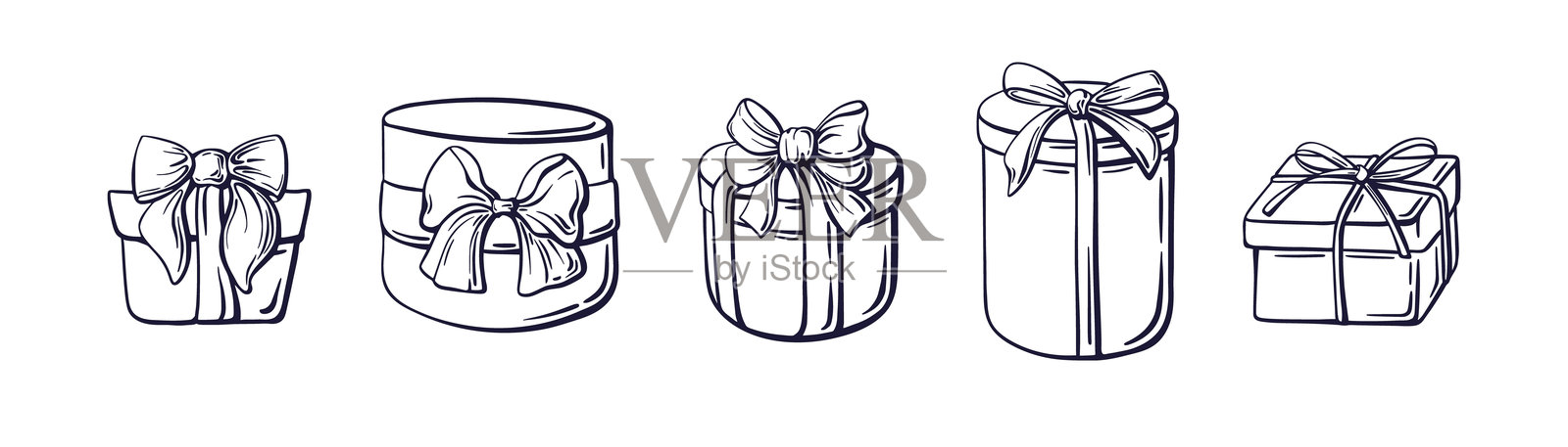礼品盒套装。手绘复古蝴蝶结插画图片素材