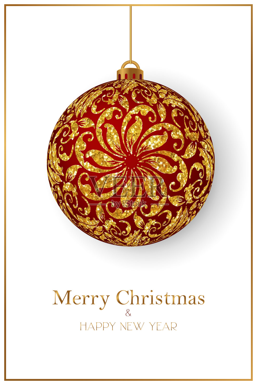 手绘装饰金色圣诞球。新年快乐的花卉华丽元素，适合冬季节日。插画图片素材