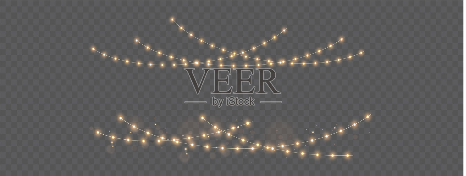 明亮的金色花环。节日插图中的圣诞灯饰。黄色花环闪烁着光芒，散发出光效。插画图片素材