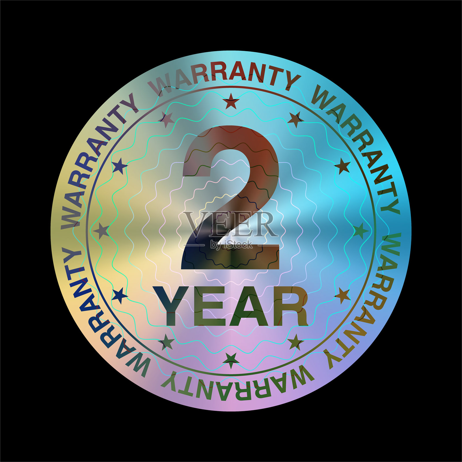 2年保修全息标签贴纸和印章。真实性保证。优质彩虹箔印章。矢量图。插画图片素材
