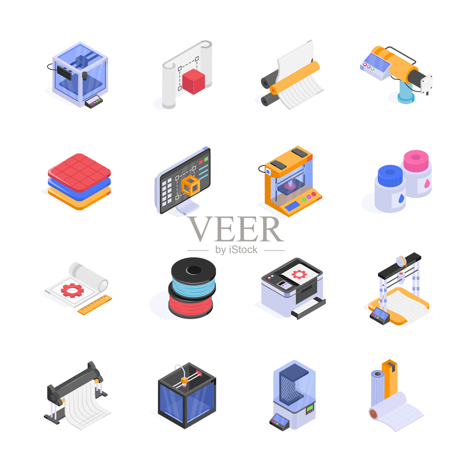 各种3D打印和制造技术的多彩等距插图插画图片素材