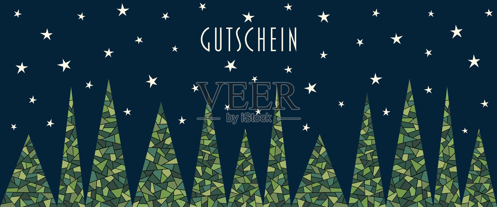 代金券 - 绿色抽象冷杉树与星空背景的代金券卡。插画图片素材