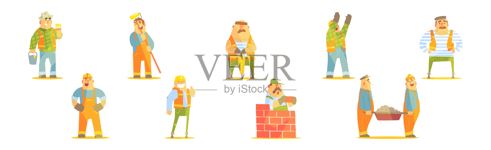 搞笑的建筑工人角色在建筑工地的矢量图集插画图片素材