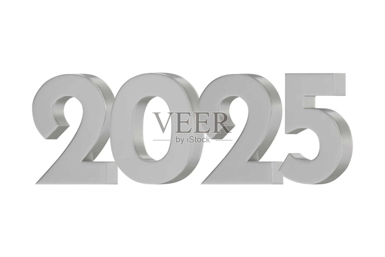 银色的2025三维矢量数字。新年贺卡和广告横幅的设计对象。金属数字粗犷而流畅，边缘锋利。三维元素独立于白色背景。插画图片素材