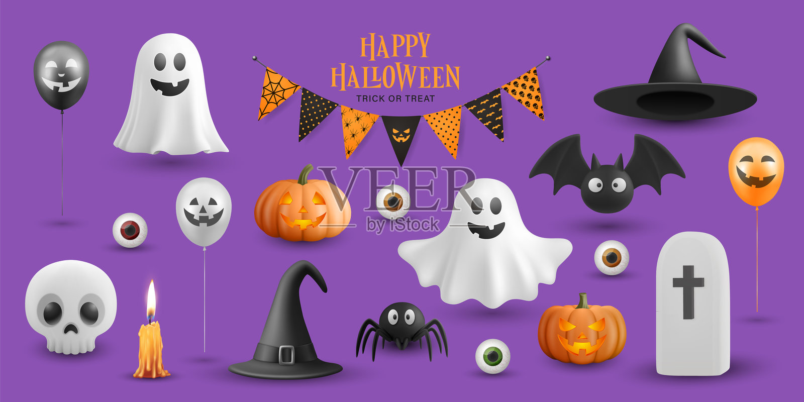 3D万圣节卡通图标集。恐怖、可爱、有趣的万圣节插图，适合节日装饰。讨糖或捣蛋，鬼屋概念。万圣节卡通图形，设计模板合集。插画图片素材