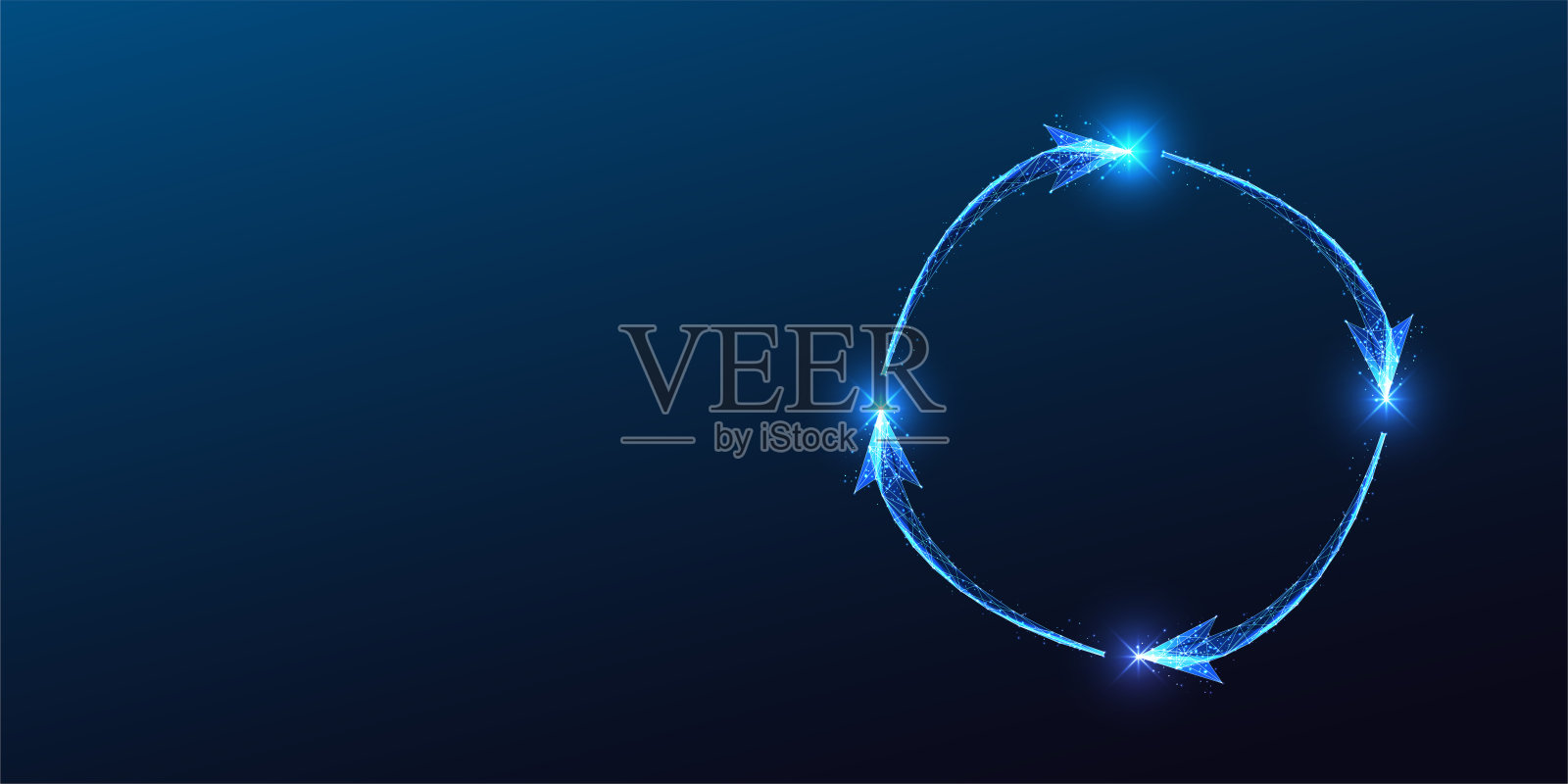 在深蓝色背景上，发光的数字箭头形成无缝循环的循环流动概念。插画图片素材