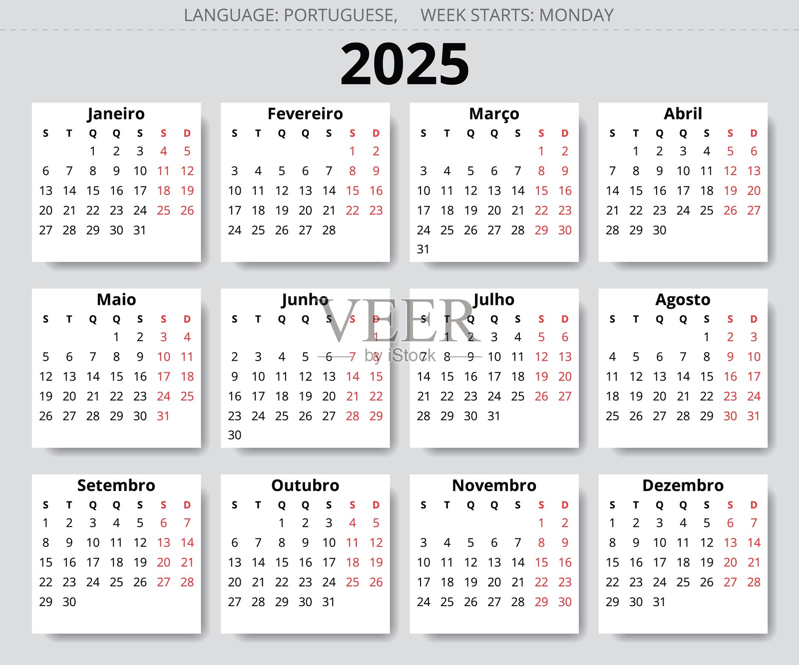 2025年葡萄牙日历 - 葡萄牙的矢量插图插画图片素材