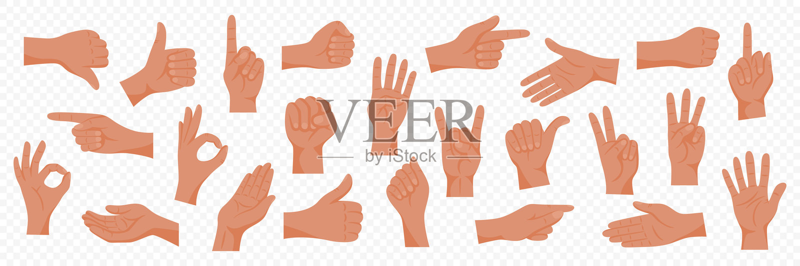 矢量平面简单卡通手势、情感和标志集合，独立展示。平面色彩丰富的手，简单卡通风格手部插图。手势集合。插画图片素材