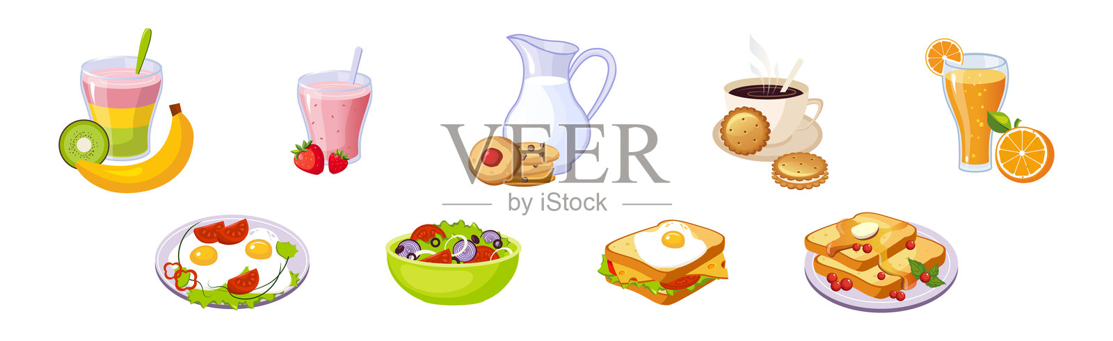 色彩缤纷的早餐餐点和早晨食品矢量图集插画图片素材