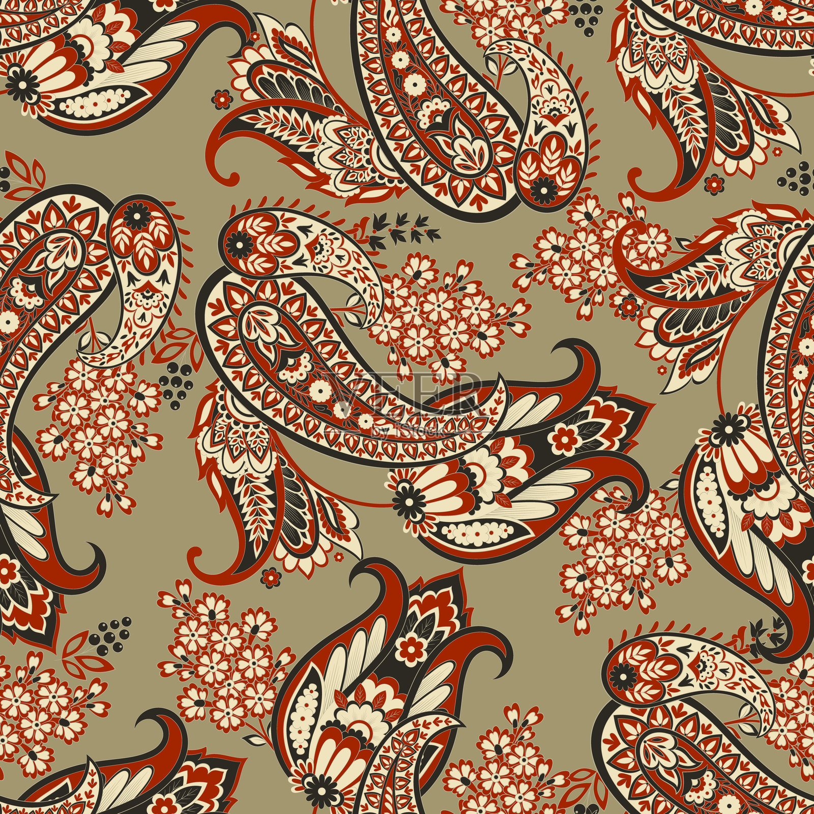 佩斯利花卉东方民族图案。无缝矢量装饰。达玛斯克织物图案。插画图片素材