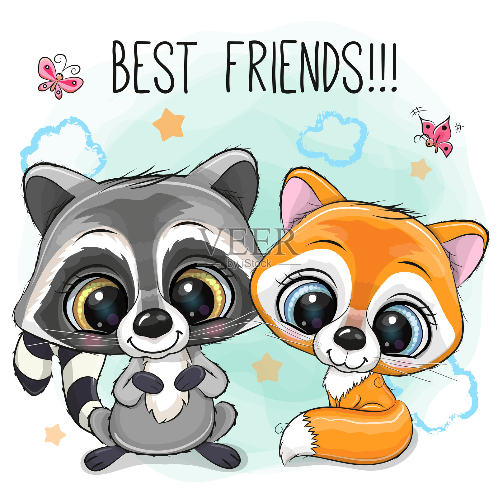 可爱的卡通浣熊和狐狸插画图片素材