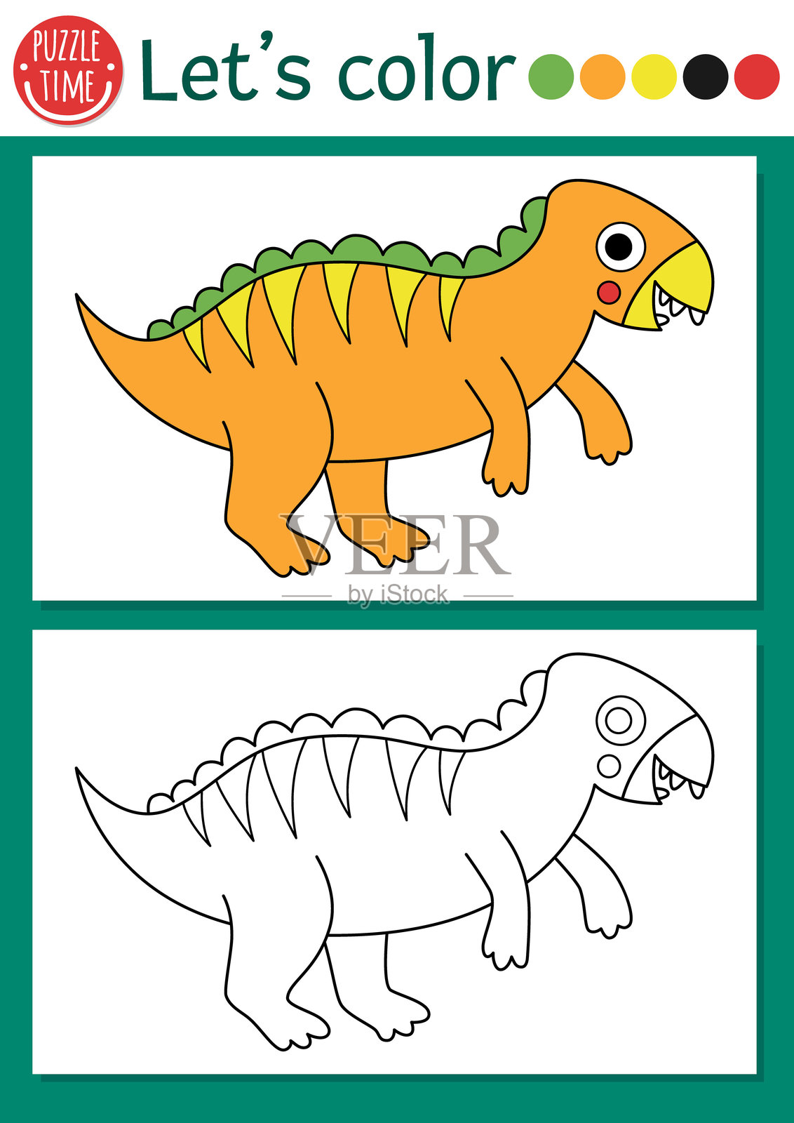 儿童恐龙涂色页，包含伊瓜纳龙。矢量史前轮廓插图。适合儿童的简单涂色书，附有彩色示例。绘画技能可打印工作表。插画图片素材