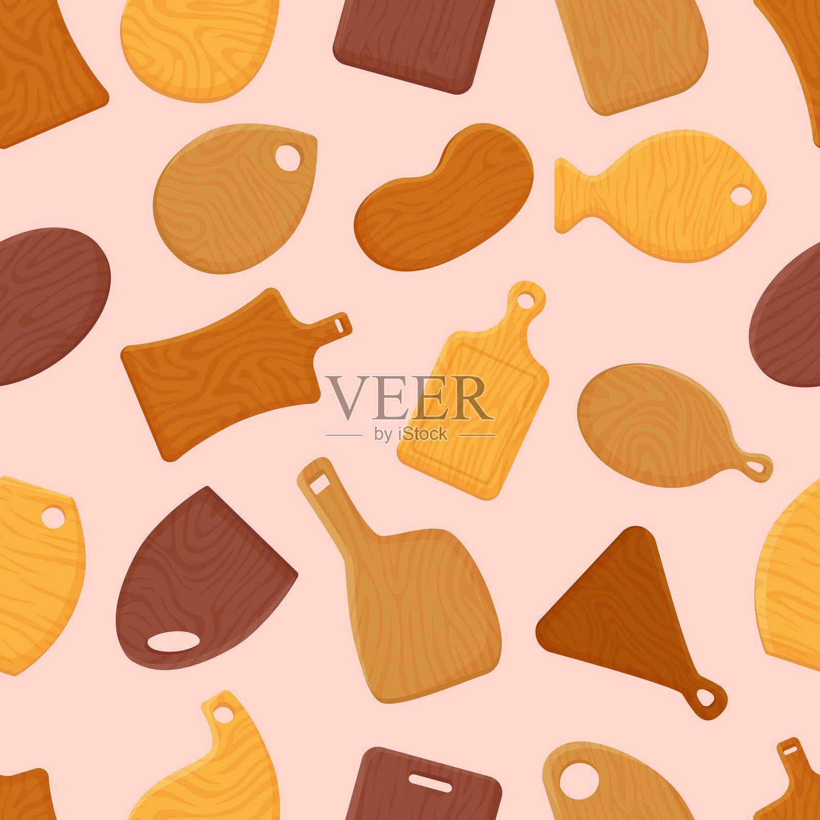 切菜板无缝图案。用于切割食物和上菜的木质厨房用具。餐厅咖啡馆家用面料印刷模板，现代矢量背景。插画图片素材