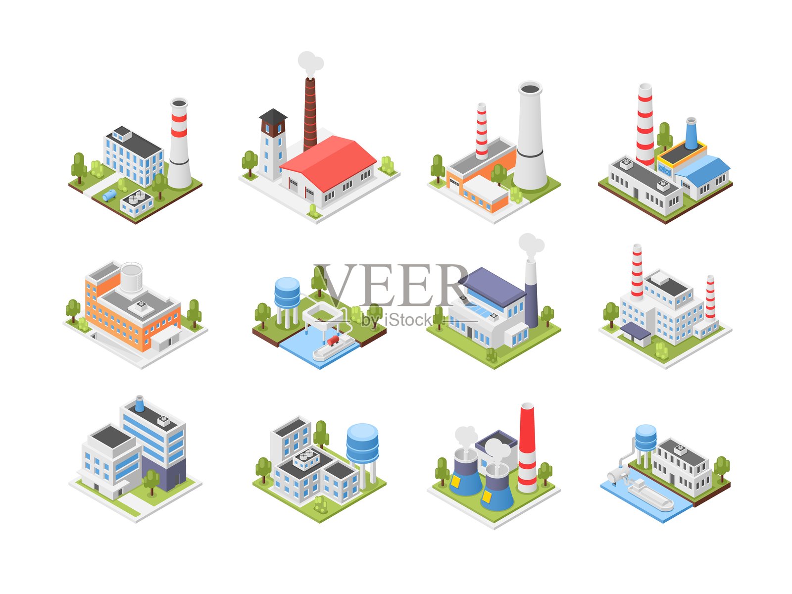 等距3D工厂。工业建筑、工厂、净水站、仓库。带管道的城市建筑，各种设施完美的矢量图集。插画图片素材