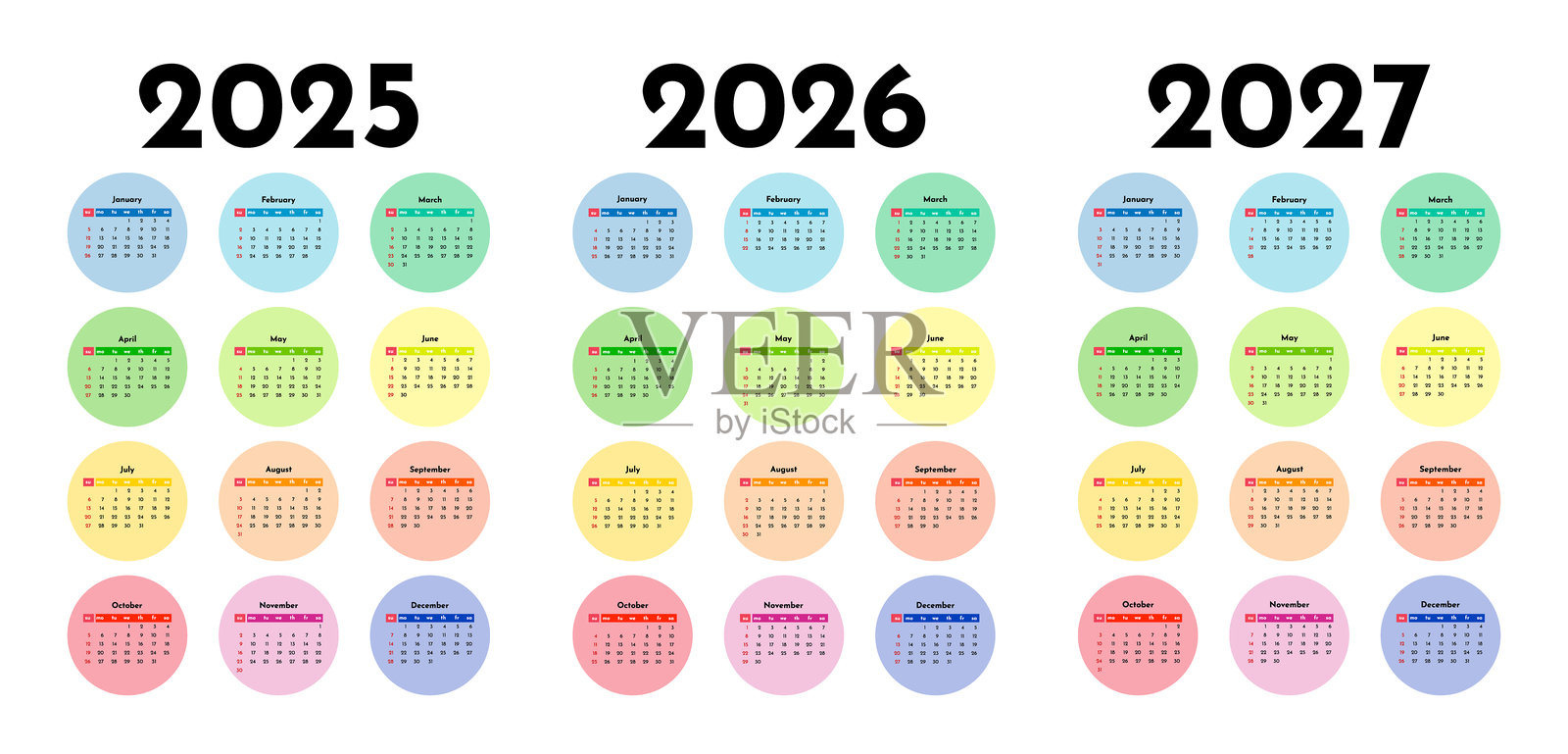 2025、2026和2027年的日历组合，背景为白色插画图片素材