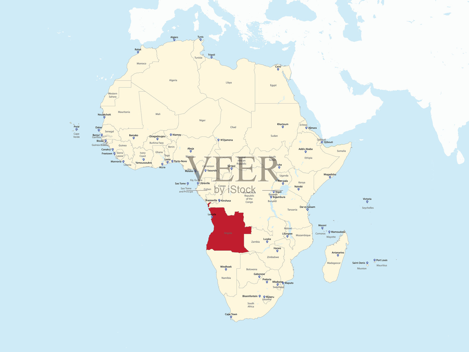 安哥拉在非洲大陆上的国家地图插画图片素材