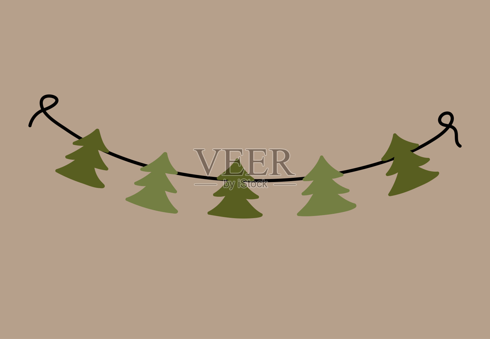 装饰性花环，采用交替绿色调的风格化常青树形状。适合季节和节日装饰。矢量手绘插图，平面风格。插画图片素材