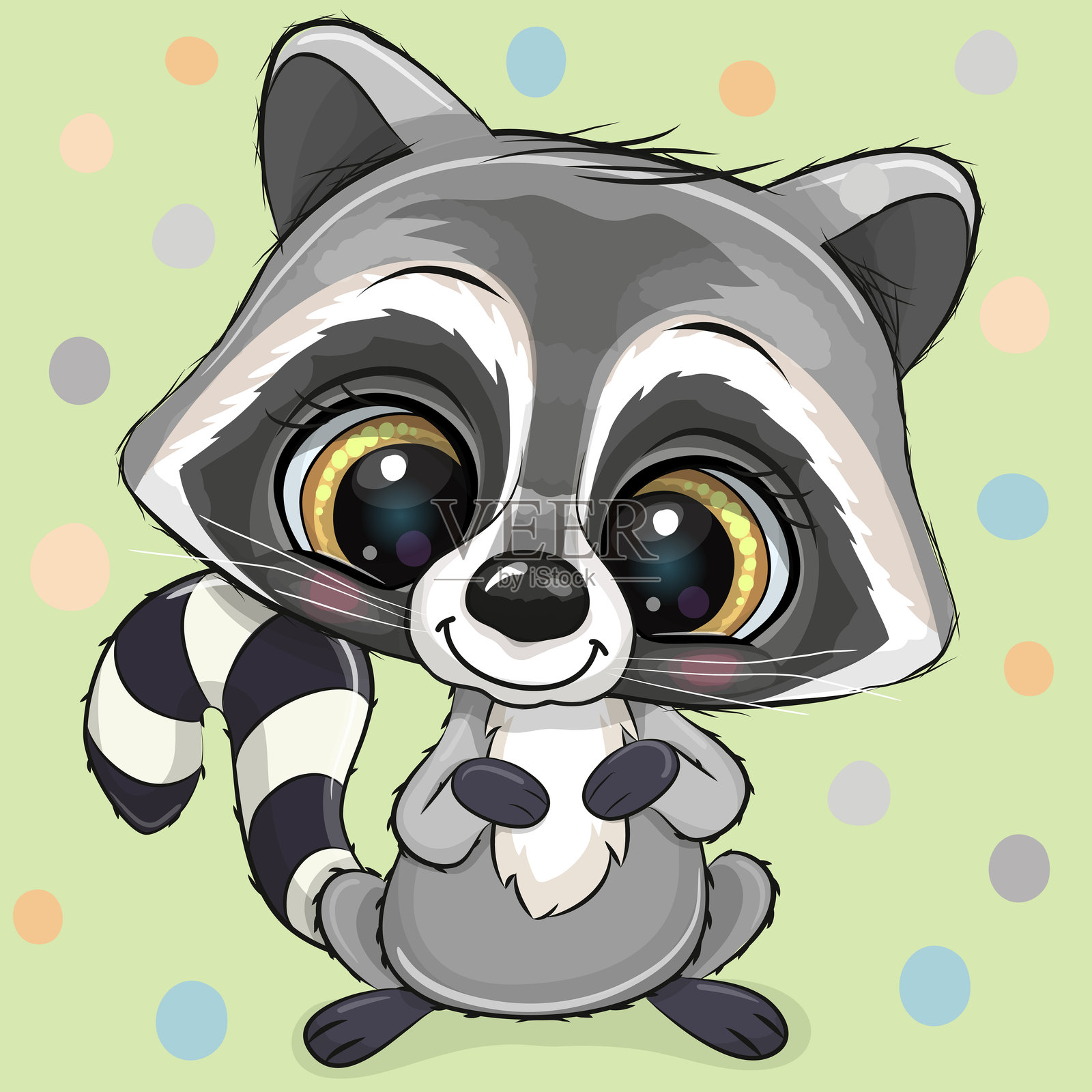 绿色背景上的卡通小浣熊插画图片素材